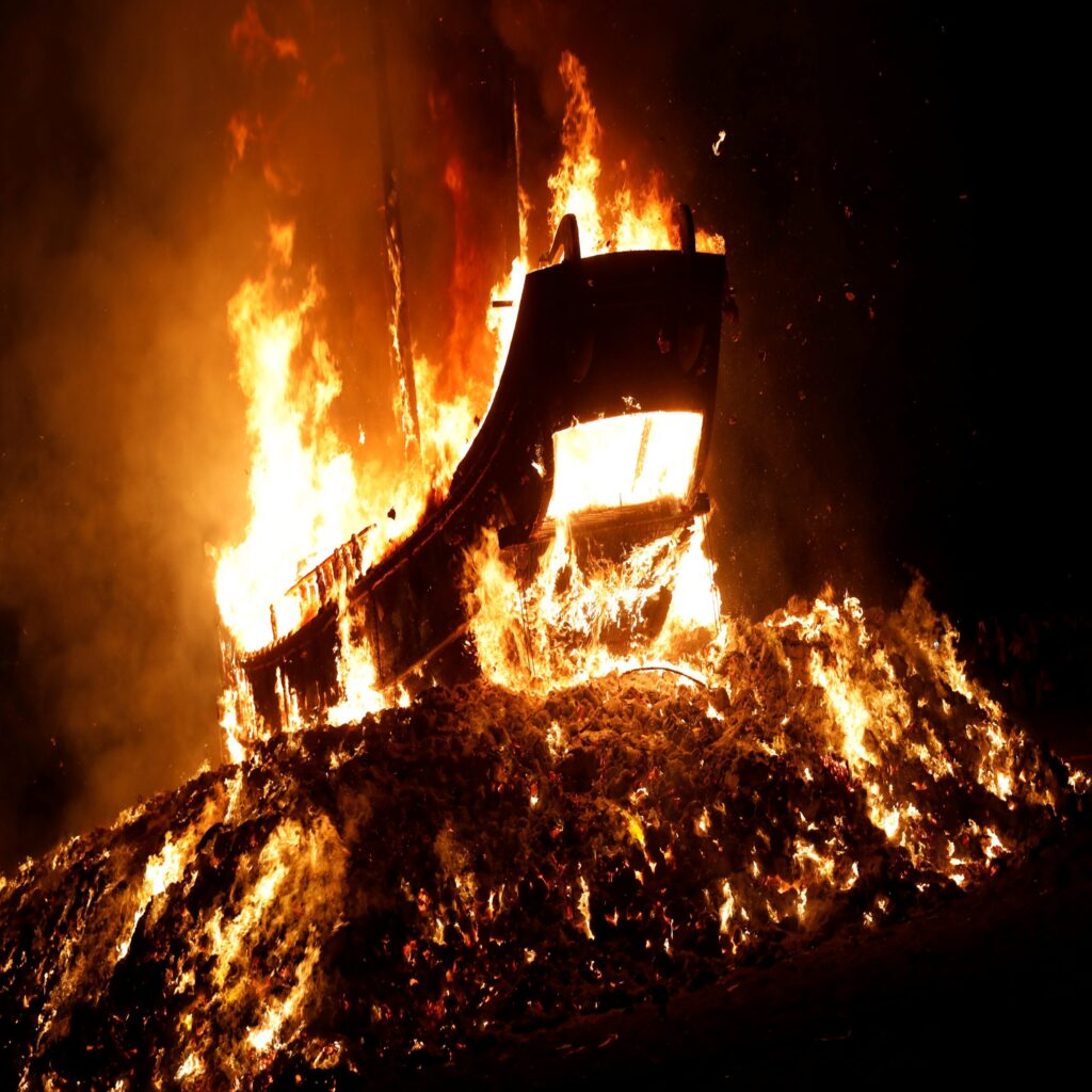 ‘Wang Yeh’s Boat’, a 13-meter finely crafted ancient warship made of paper and wood sets on fire to ward off evil, disease and bad luck during Wang Yeh Boat Burning Festival, in Pingtung
