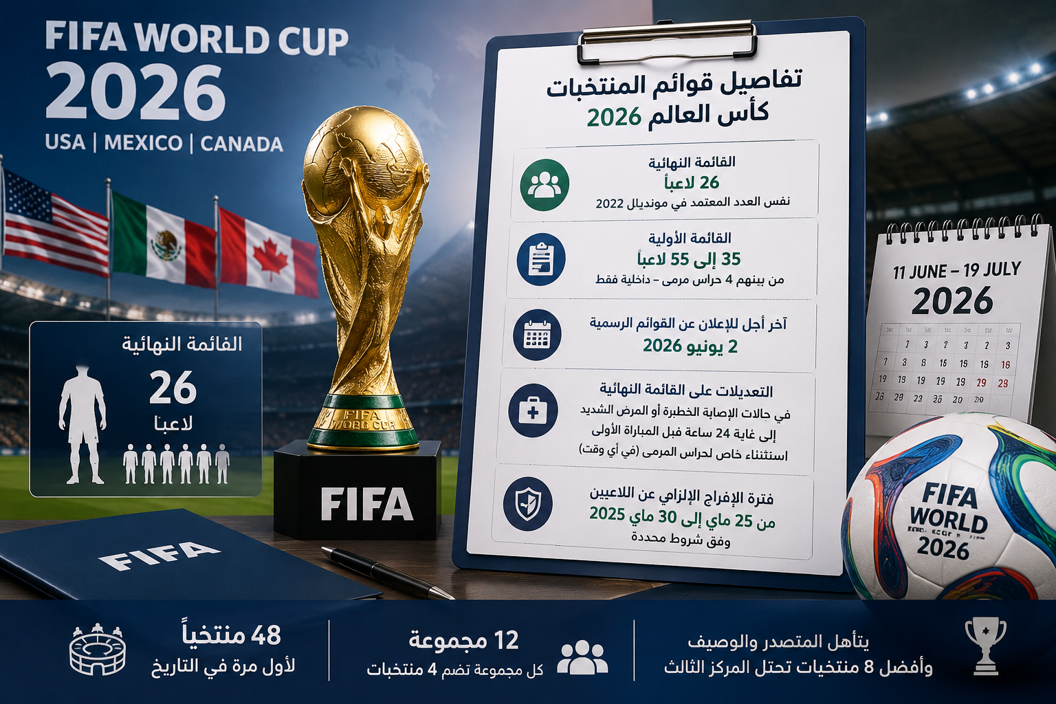 فيفا تكشف تفاصيل قوائم المنتخبات المشاركة في كأس العالم 2026 