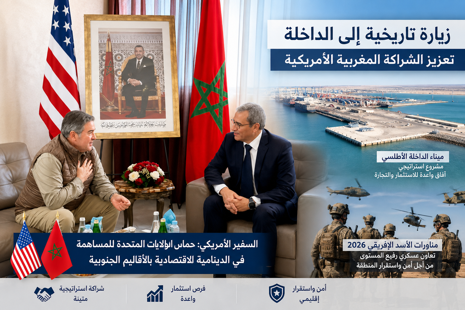 السفير الأمريكي يحل بالداخلة في زيارة تاريخية لتعزيز التعاون الاقتصادي والعسكري بين المغرب وواشنطن 
